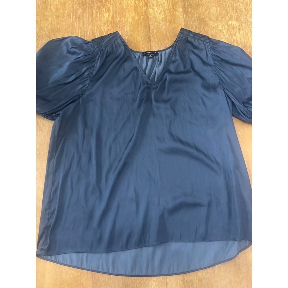 Current Air Los Angeles Satin V-Neck Pleated Puff Sleeve Blouse Blue S 2330305